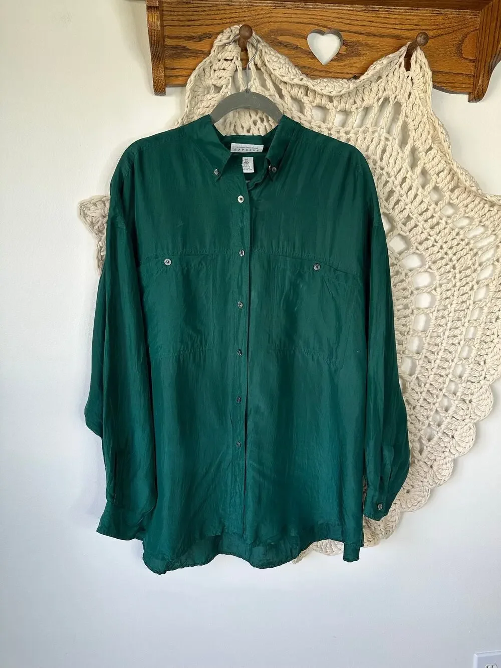Express Vintage 90s Forest Green Silk Oversized Button Up Shirt Size Large